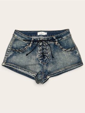 Windsor Lace-Up Washed Denim Micro Shorts - Blue Size Small NWT